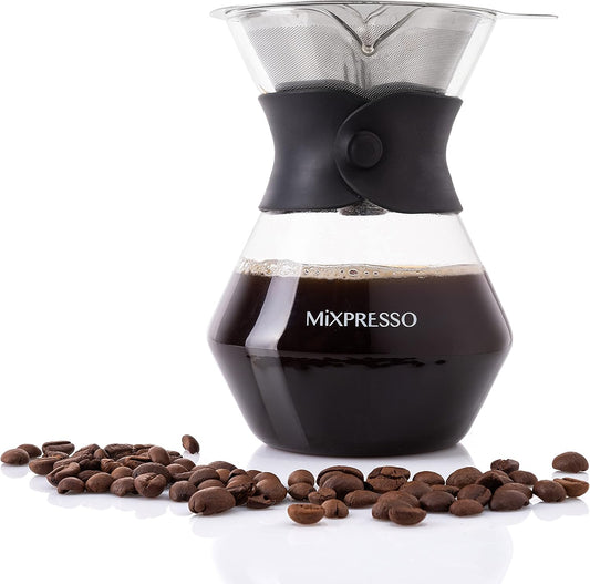 Mixpresso Pour Over Koffiemakerstel Glaskaraf Borosilikaat Wit Beskermende Silikoonmou, Pour Over Koffie-drupperbrouer Met Dubbellaag Vlekvrye Staal Filter 13.5 Oz