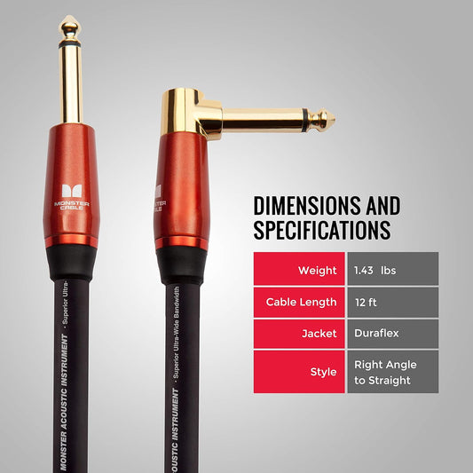 Monster Prolink Akoestiese Instrumentkabel. 12 vt Kitaarkabel. Regte Hoek na Reguit Kabel met Uitstekende Leweringspoed. Ryk & Skoon Klankkoord Instrumentkabel.