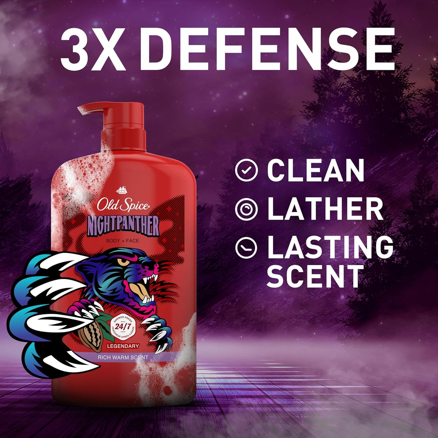 Old Spice Cleansing Body Wash for Men, 3X Defense, 24/7 Shower Fresh with Lasting Scent, 2-in-1 Body & Face Wash (Night Panther w/ Rich Warm Scent)