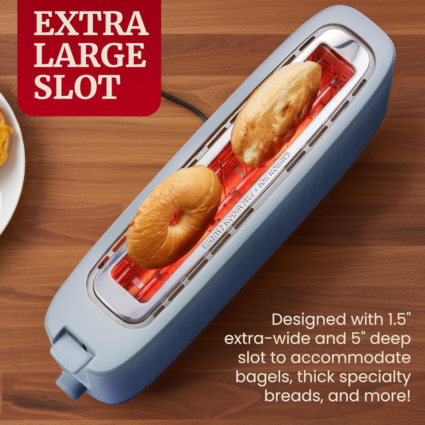 Gourmet Slim Broodrooster met Twee Langgleuwe, Koel-om-aan-te-Raak, 6 Bruiningsgrade, Ekstra Wye 3.8 cm Gleuf vir Vakmansbrood, Bagels, Wafels en Engelse Muffins - Oseaanblou