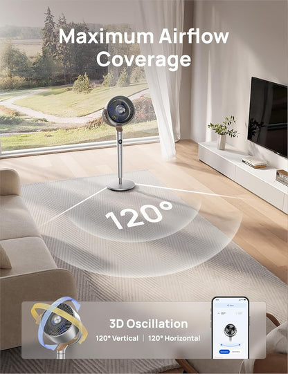 Slim Ossillerende Waaier 120° Omnirigting, 27m Stil Voetstuk m/ RGB Lig, 9 Spoede, 6 Modusse 8H Tydhouer, Wi-Fi/Stem, 94-107cm - Silwer