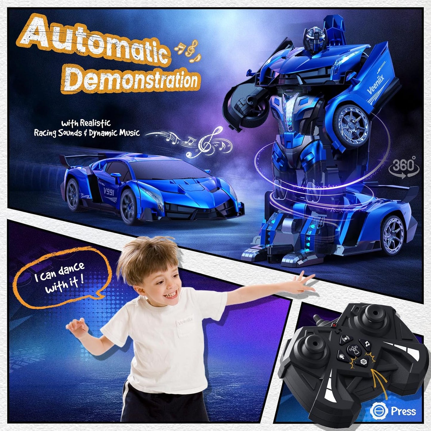 V991 Transform Remote Control Big Size, 2 Rechargeable Batteries for 70Min, 2.4GHz Gesture Sensing, One-Key Deformation, Robot Toys - (Blue)