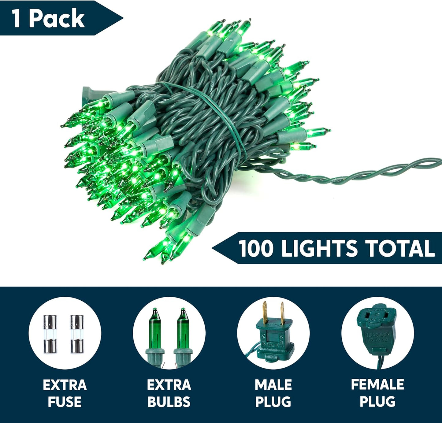Green Christmas String Lights,100 Ct / 22.3FT Tree Lights Plug in  Decorations - Green Wire