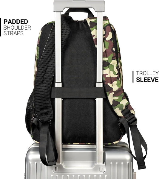 26L Rugsak vir Skool, Kollege en Reis: Waterbestande Boeksak met 8 Kompartemente - Buckshot Camo