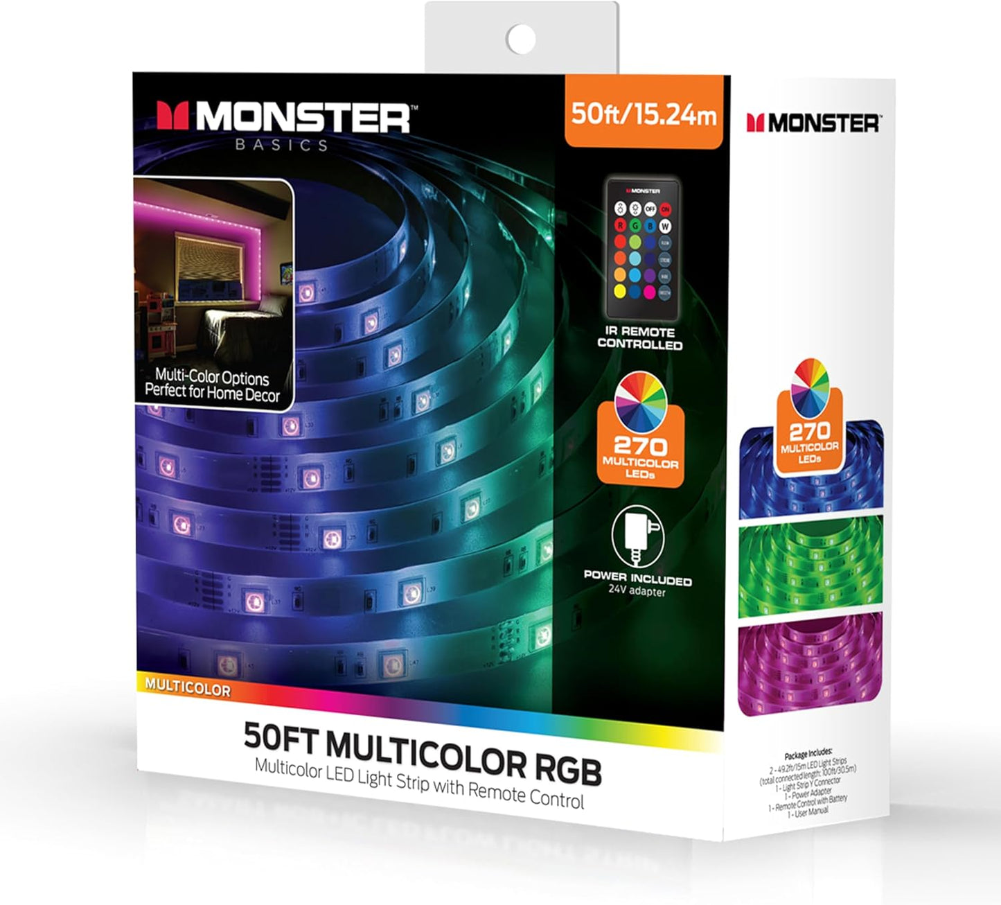 Monster 50 Foot RGB LED Light Strip with Remote Control, 270 RGB LEDs, Adhesive Backing, Coated for Moisture Protection, Dimmable, 24V Plug, 4 Modes Including Strobe, Flash, Fade & Smooth