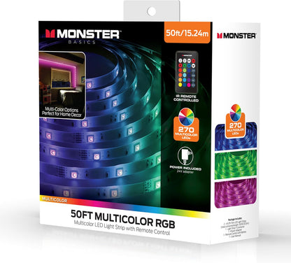 Monster 50 Foot RGB LED Light Strip with Remote Control, 270 RGB LEDs, Adhesive Backing, Coated for Moisture Protection, Dimmable, 24V Plug, 4 Modes Including Strobe, Flash, Fade & Smooth