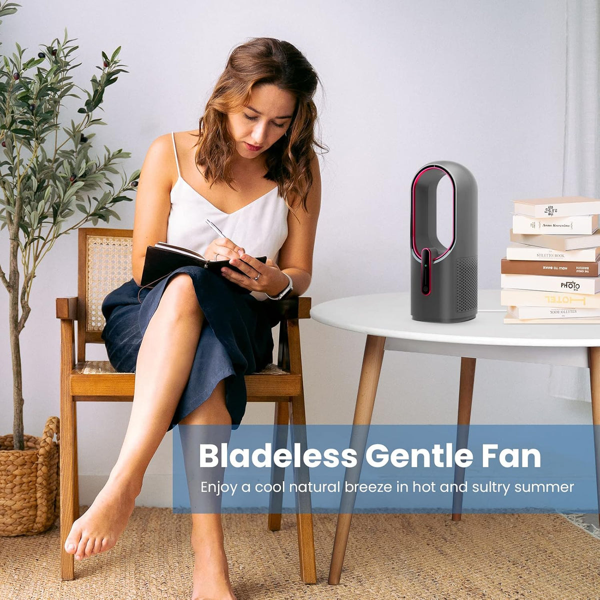 Desk Fan Bladeless, 11.8 Inch Office Fan Small, Quiet, 3 Speed Adjustment, Touch Control, Easy to Clean, Desk Fans Small Quiet, Ideal for Office, Living Room, Bedroom  - Gray/Red