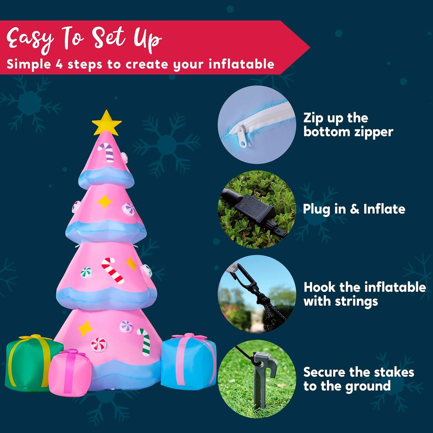 7 FT Tall Christmas Pink Tree Inflatables Outdoor Decoration w/ 3 Gift Boxes, Build-in LEDs