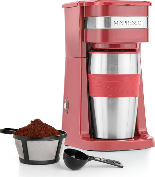 Mixpresso Rooi Persoonlike Enkelbedien Koffiemaker met 414ml Reismok, Drup Klein Koffiemaker met Outomatiese Afskakeling, Herbruikbare Filter, Werk Slegs met Gemaalde Koffie – Nie vir K-Cup Peule nie