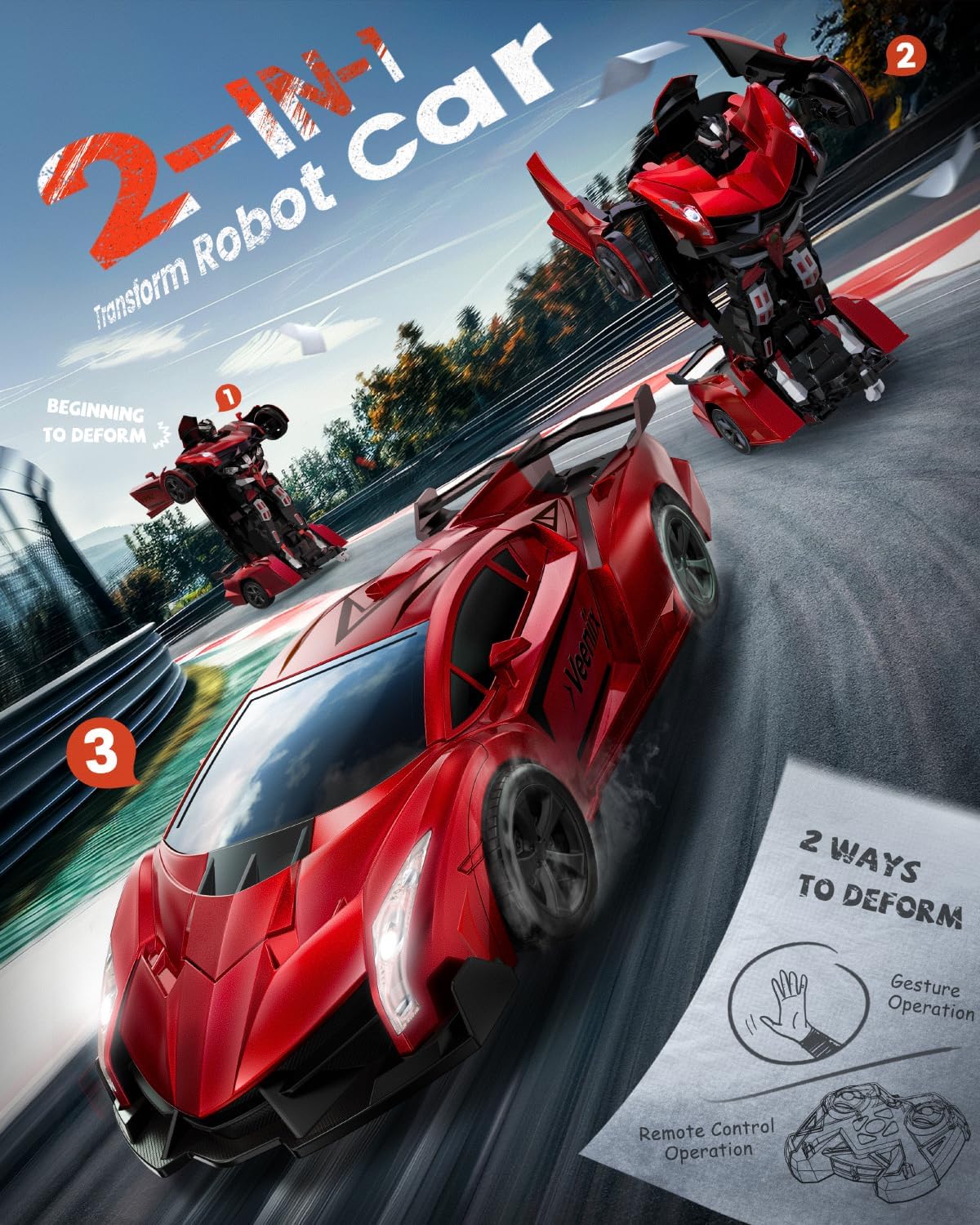 V992 Transform Remote Control Robot RC Cars 2-in-1 Robot Toy Car with Sound & Light,Gesture Sensing,Automatic Deformation (Red)