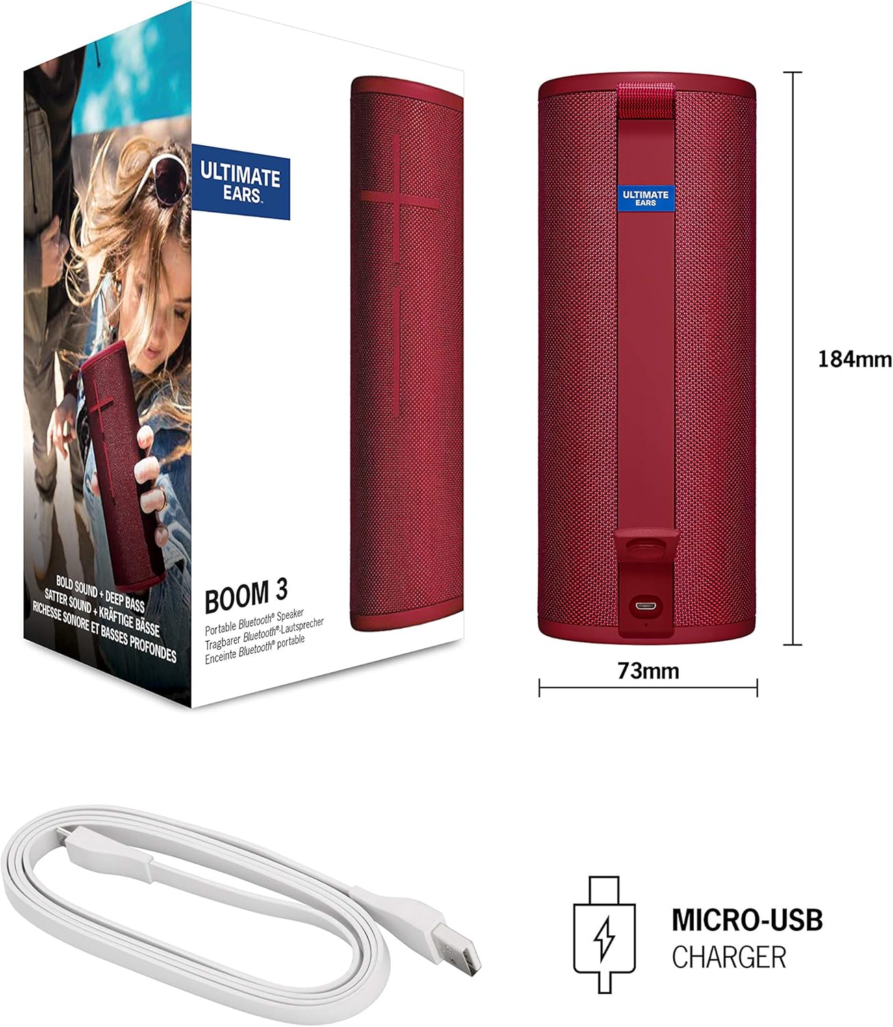 Ultimate Ears Boom 3 Wireless Bluetooth Speaker, Bold Sound + Deep Bass, Bluetooth, Magic Button, Waterproof, 15 Hours Battery, Range of 150 ft, Sunset Red