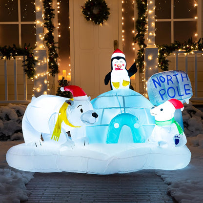 (6FT) Long Christmas Inflatable North Pole w/ Build-in LEDs, Blow Up Polar Bears & Penguin Holiday Season Decorations