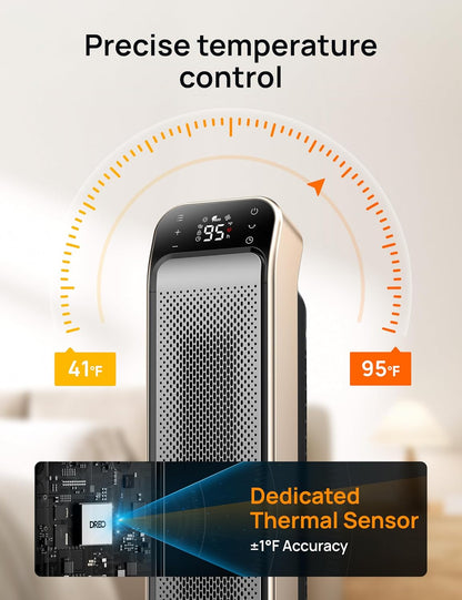Ruimteverwarmer Binne, 25" 11.5vt/s Vinnige Draagbare Verwarmer met Afstandbeheer en Termostaat, 3 Modes vir Binnegebruik Groot Kamer - Goud