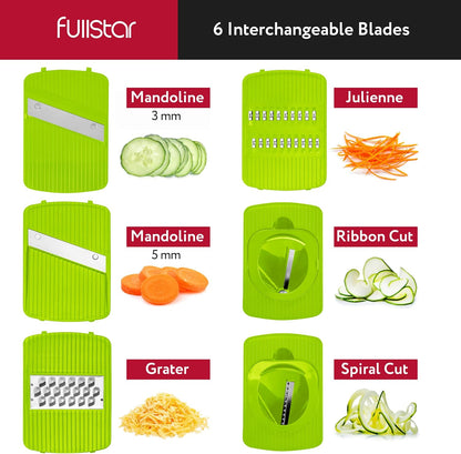 Fullstar Mandolien-skyfiesnyer vir kombuis, vrugtesnyer, kaaskraper, komkommersnyer, groentespiraliseerder, kossnyer en kombuisgereedskap met veiligheidshandskoen (6-in-1, Grys/Groen)