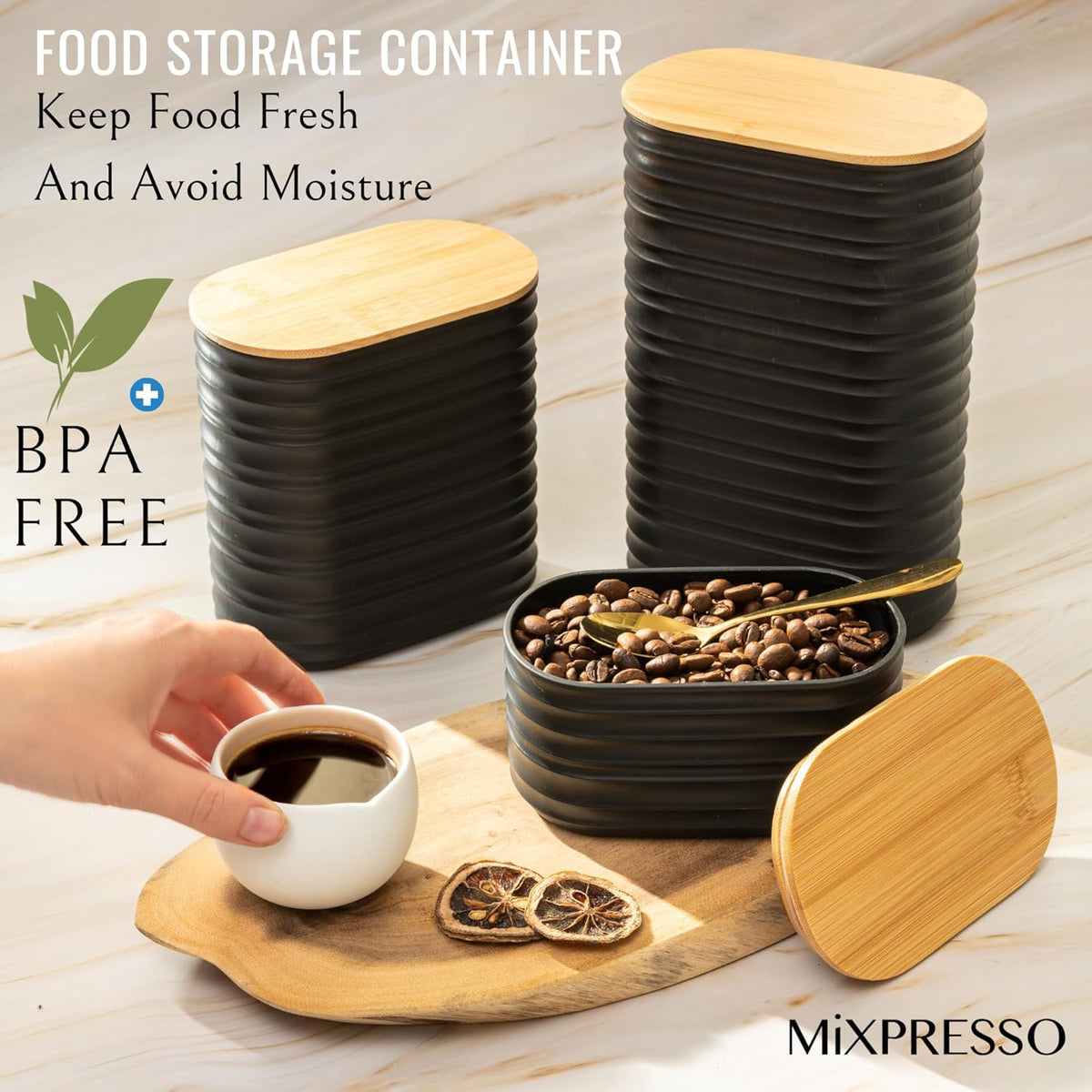 Mixpresso Black Canisters Sets for the Kitchen – 3-Piece Airtight Plastic Sugar Container Set with Bamboo Lids in Three Different Sizes – Decorative Modern Storage Jars for Coffee, Tea & Countertops