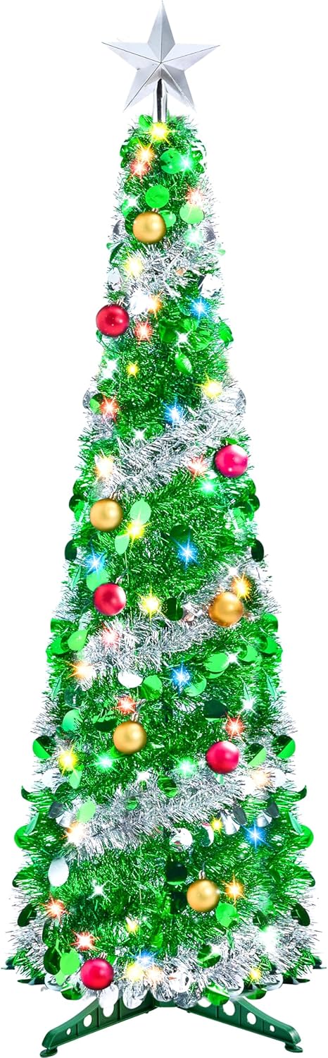 1.5 m Opvou Kersgroen Boom met Liggie, Ineenstortbare Klaterversierings, 50 Veelkleurige LED-ligte en Balornamente
