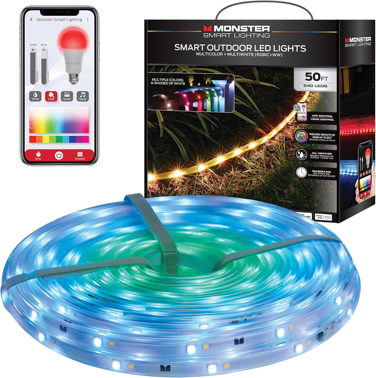 Monster Smart 50 Foot RGB+IC+WW Outdoor LED Light Strip, Sound Reactive, Dimmable, Multicolored & Multi-White, IP44 Waterproof, Weather Resistant, App Control, Compatible with Alexa, Google Home, Siri
