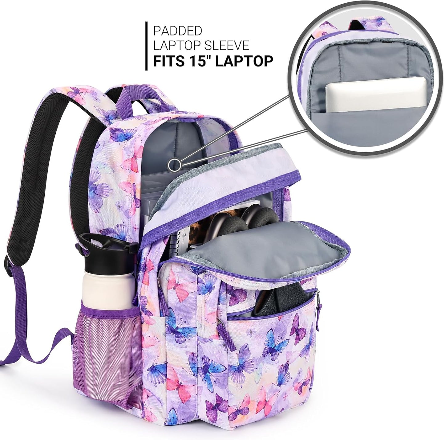 26L Backpack for School, College, and Travel: Water Resistant Bookbag with 8 Compartments - Butterfly Purple