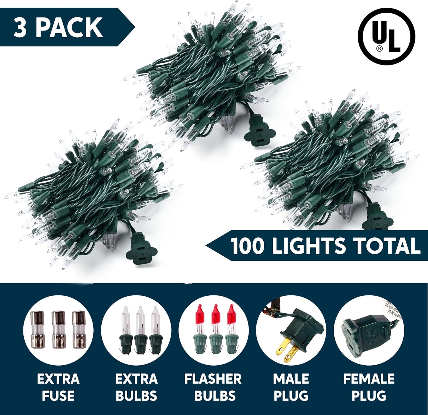 Clear Christmas String Lights 300CT (3x100) Mini Warm White Fairy Light,64.2 FT Lighting Decor - Green Wire