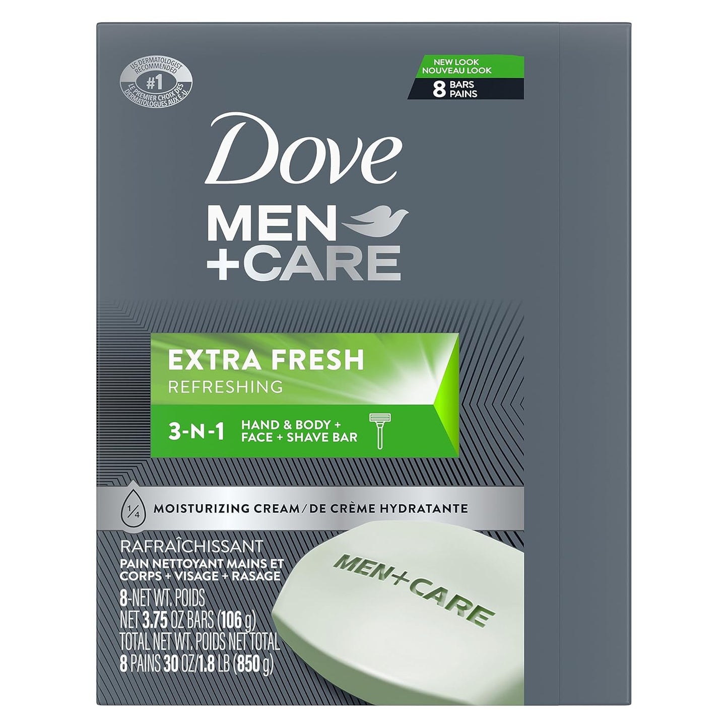 DOVE MEN CARE 3 in 1 Bar Cleanser for Body, Face, and Shaving Extra Fresh Cleanser Bar Soap to Clean and Hydrate Skin (Pack of 8)
