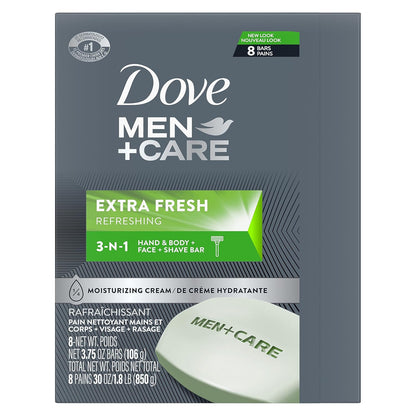DOVE MEN CARE 3 in 1 Bar Cleanser for Body, Face, and Shaving Extra Fresh Cleanser Bar Soap to Clean and Hydrate Skin (Pack of 8)