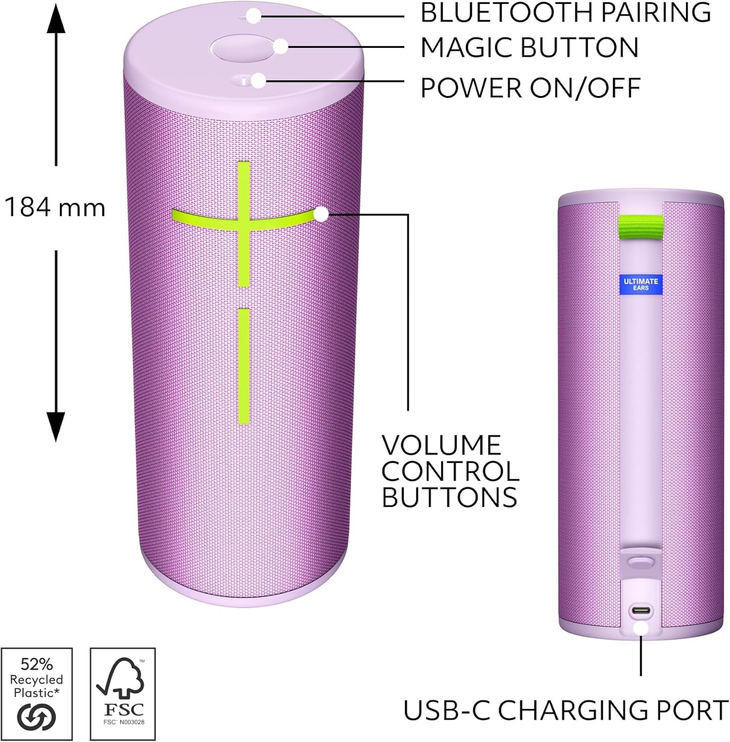 Ultimate Ears Boom 4 Portable Waterproof Bluetooth Speaker with 360-Degree Immersive Sound, Outdoor Floating Speaker, 15-Hour Battery, 147ft Range - Lilac
