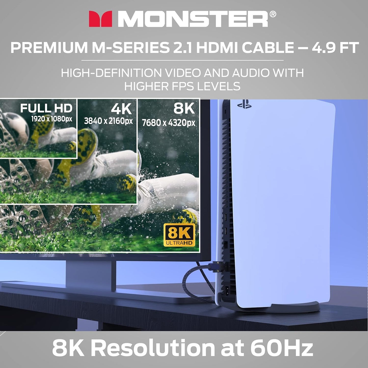 Monster M-reeks 3000 Gesertifiseerde Premium 8K Hoëspoed - 2.1, 4K 120Hz, 48 Gbps- HDMI Kabels vir Apple TV, Roku, Slim TV, Skootrekenaar, Monitor - 4.9 vt