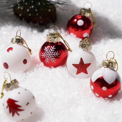 36 Stuks Kersfees Mini Bal Ornamentstel, Metaalglas Klein Balle met Glitters & Touhange - (Rooi & Wit)