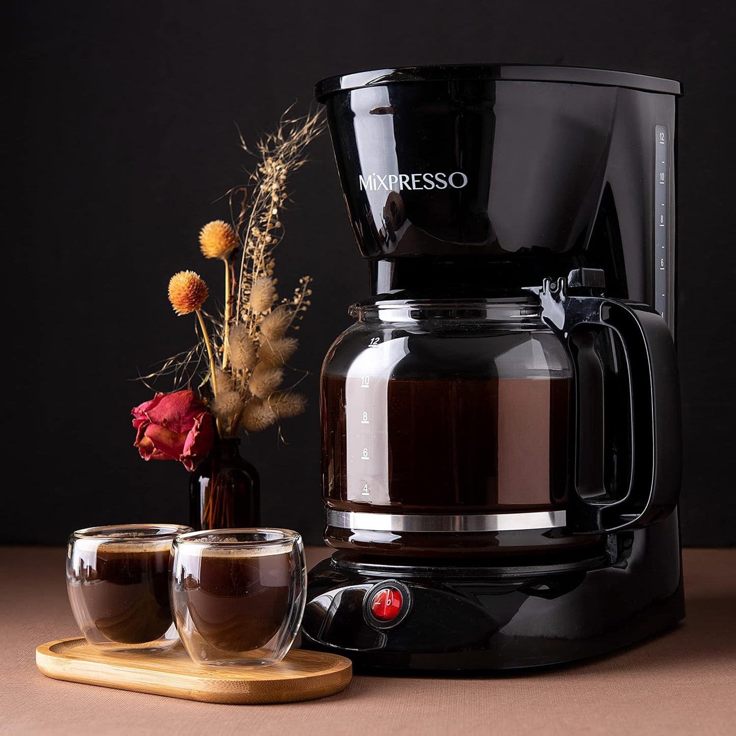 Mixpresso 12 Koppie Koffiepot, Outo-afskakeling en Herbruikbare Filter, Groot Drupkoffiemaker 12 Koppie Borosilikaatglas Karaf, Anti-Drup Koffiemasjien Waterpeilvenster, Swart Elektriese Koffiemaker