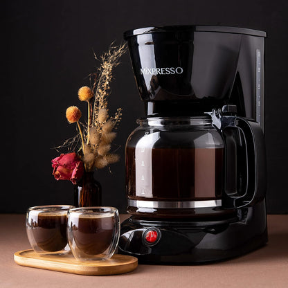 Mixpresso 12 Koppie Koffiepot, Outo-afskakeling en Herbruikbare Filter, Groot Drupkoffiemaker 12 Koppie Borosilikaatglas Karaf, Anti-Drup Koffiemasjien Waterpeilvenster, Swart Elektriese Koffiemaker
