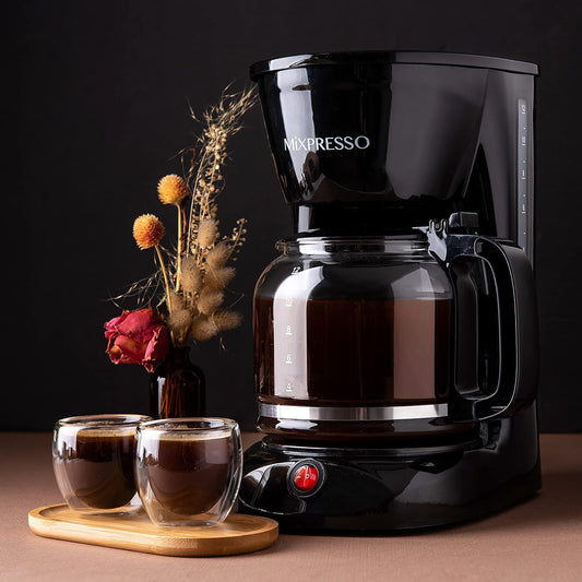 Mixpresso 12 Koppie Koffiepot, Outo-afskakeling en Herbruikbare Filter, Groot Drupkoffiemaker 12 Koppie Borosilikaatglas Karaf, Anti-Drup Koffiemasjien Waterpeilvenster, Swart Elektriese Koffiemaker