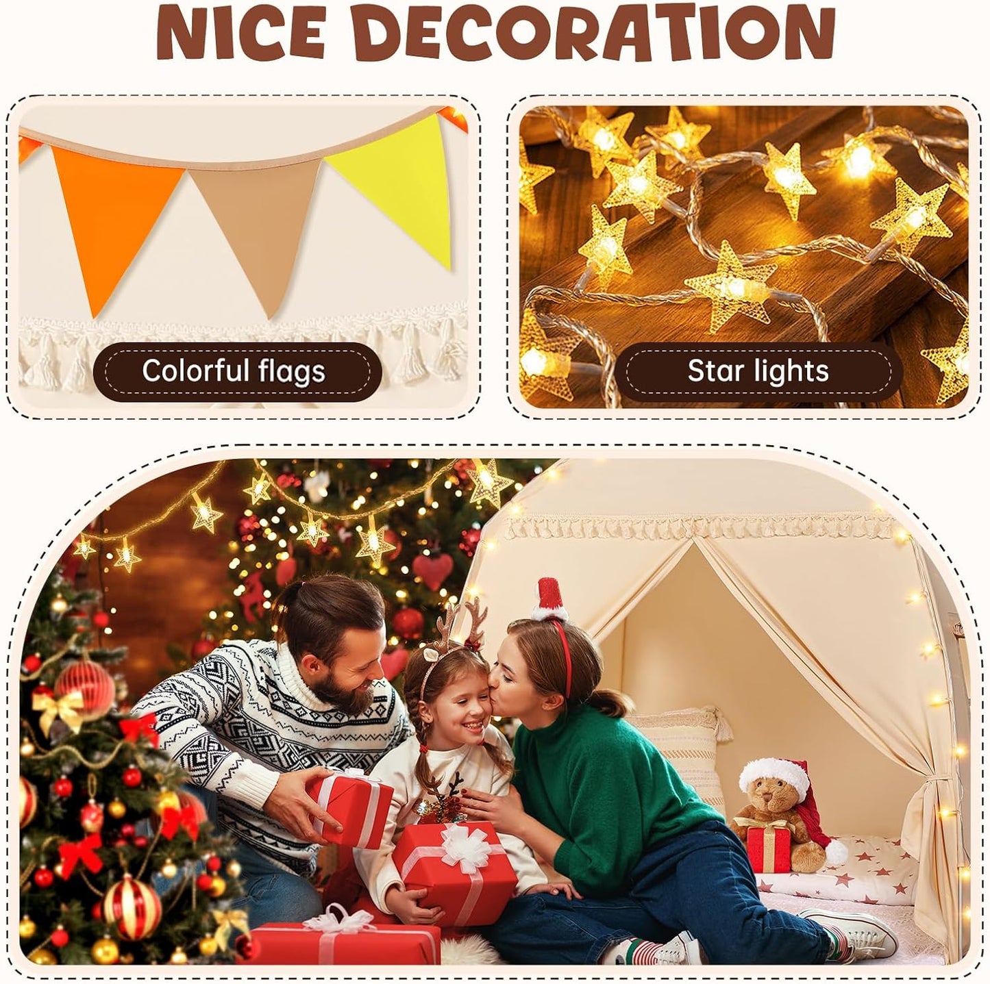 Medium Toddlers Bed Tent Canopy: with Lights and Flags for Girls and Boys House Gifts - Monobeach Kids Play Tent Indoor Princess Toys - Portable and Foldable Children Playhouse Outdoor