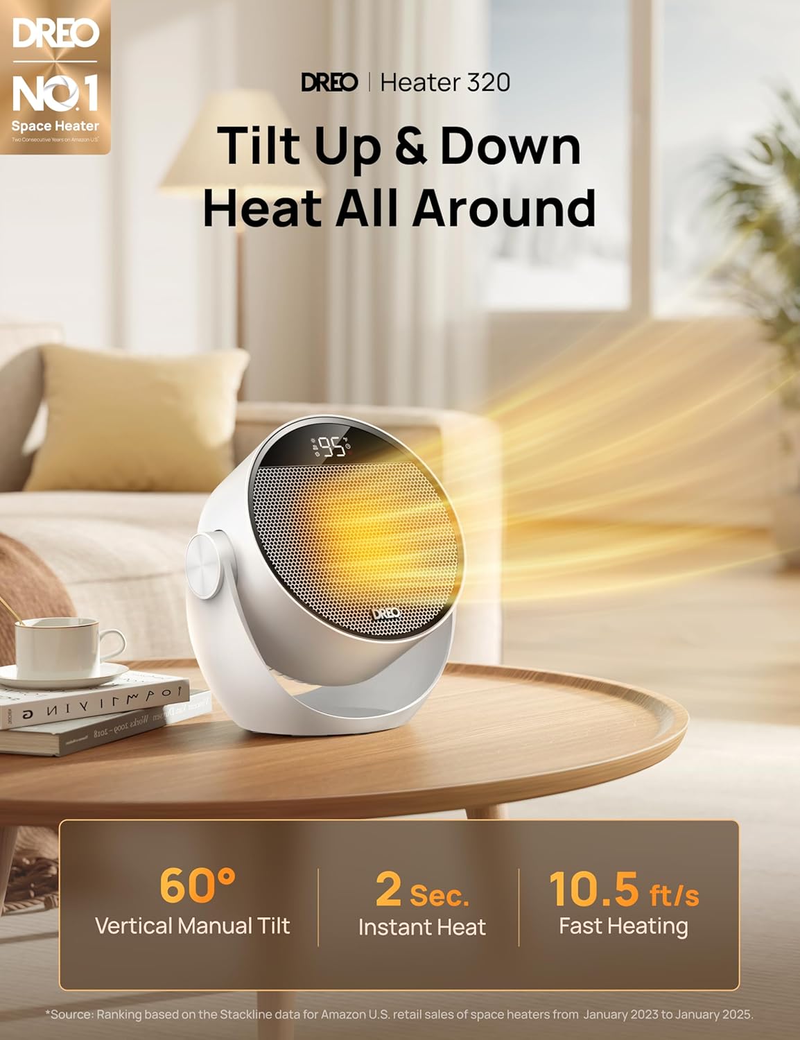 Ruimteverwarmer 1500W, 60° Verstelbare Kanteling, 3.2m/s Draagbare Elektriese Verwarmers vir Binnenshuise Gebruik met Termostaat, 8 Veiligheidsbeskermings, 3 Modes, Afstandbeheer - Wit