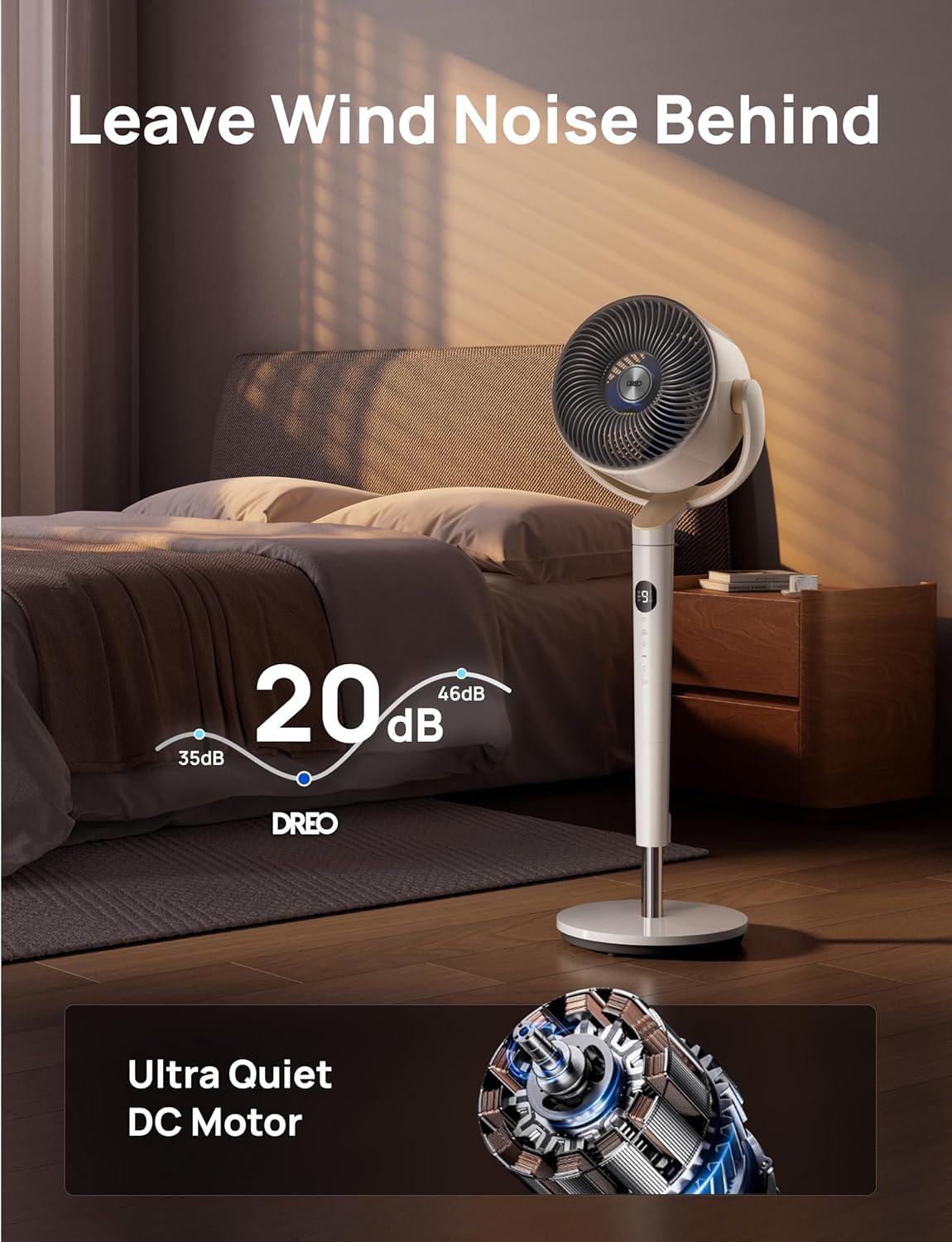 Slim Ossillerende Waaier 120° Omni-Rigting, 90vt Stil Voetstuk m/ RGB-Lig, 9 Spoede, 6 Modusse 8H Tydhouer, Wi-Fi/Stem, 37-42" - Wit