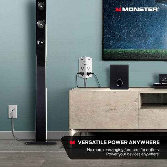 Monster Power Shield XL Spanningbeskermer met Uitbreidingsprop, Veelvuldige Propuitlaat met 4 WS-uitlate en 2 USB-A-poorte, Betroubare Muurprop met USB-poorte