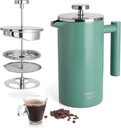 Mixpresso Groen Vlekvrye Staal Franse Pers Koffiemaker 770 ml, Dubbelwand Geïsoleerde Franse Pers Vlekvrye Staal, Maklik Skoon Teebrouer, Maklike Druk Duursame Metaal Koffiepers