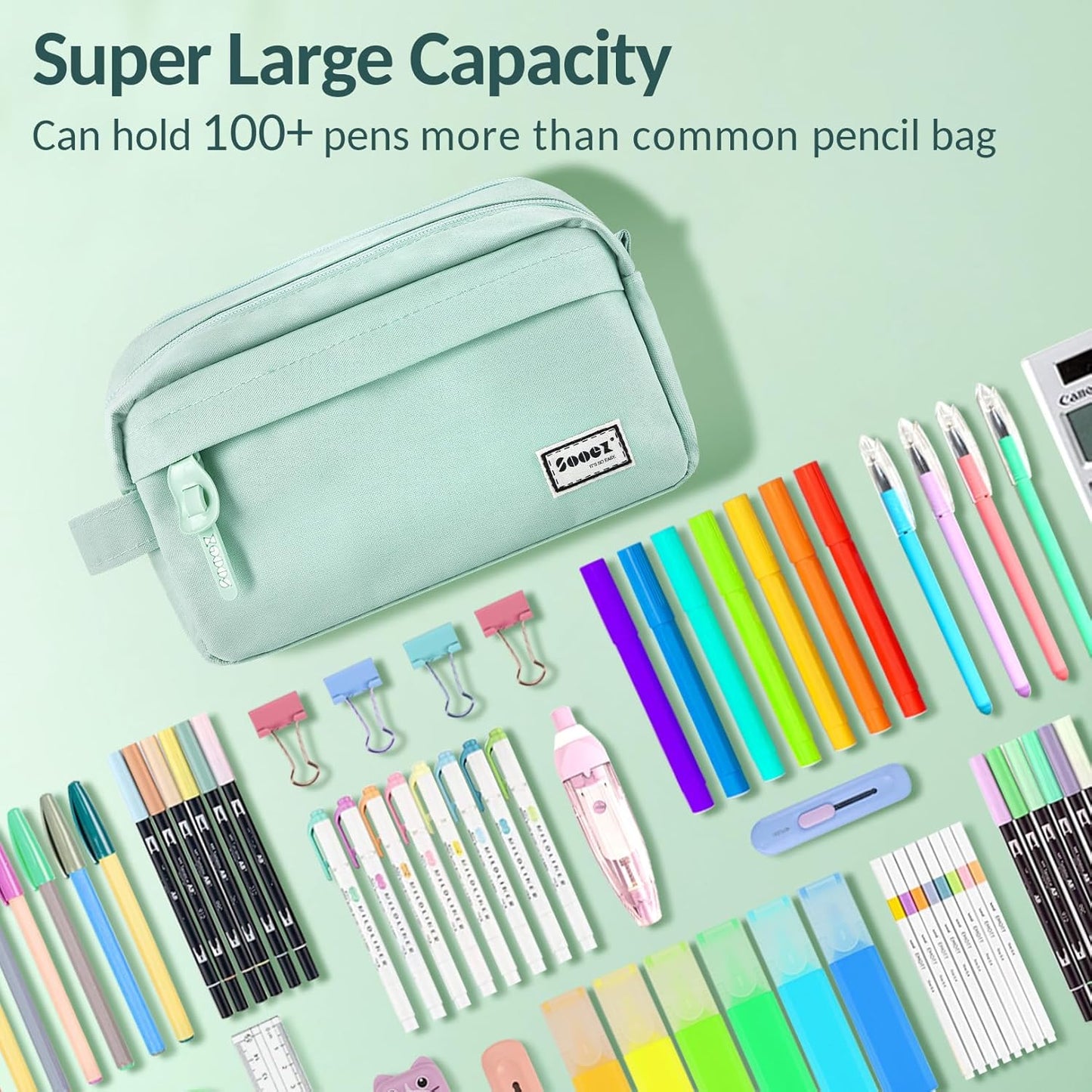 Original High Capacity Pencil Case, Big Pencil Bag Pouch Box Organizer Pen Case, Portable Journaling Supplies with Easy Grip Handle & Loop, Aesthetic Supply for Girls Adults, Mint Green