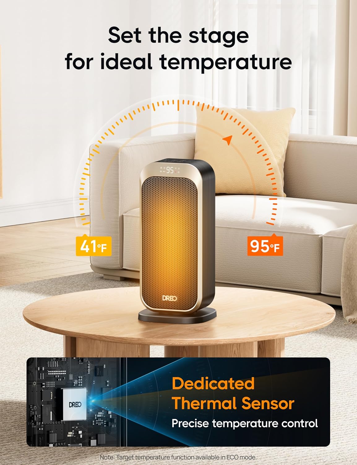 1500W Draagbare Elektriese Verwarmer met Afstandbeheer en Termostaat, PTC Keramiek, Veiligheidsverwarmer met 70° Ossillasie, Stil, 12H Aanskakeltydhouer - Goud