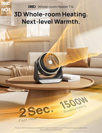 Verwarmer 714, 60° Vertikale en 90° Horisontale 3D Oscillerende Verwarming, 12 vt/s Langafstand-sirkuleerder, 3 Hitte- en 3 Waaiverstellings, vir Binnenshuis - Swart