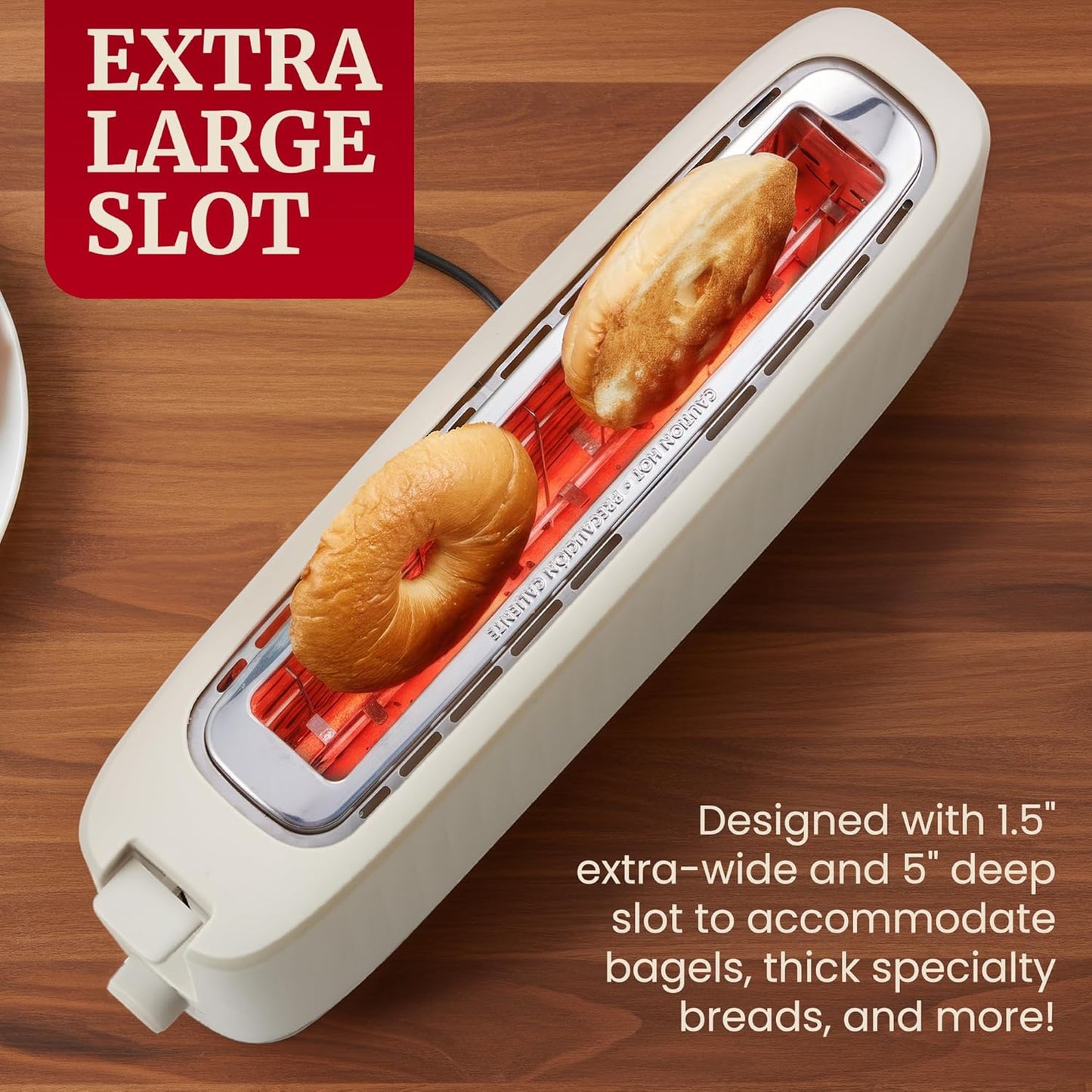 Gourmet Slim Toast 2-Sny Langgleufbroodrooster, Koel-aanraking Liggaam, 6 Roostersterkte-skakerings, Ekstra-wye 3.8 cm Gleuf vir Artisan Brood, Bagels, Wafels & Engelse Muffins – Cremello