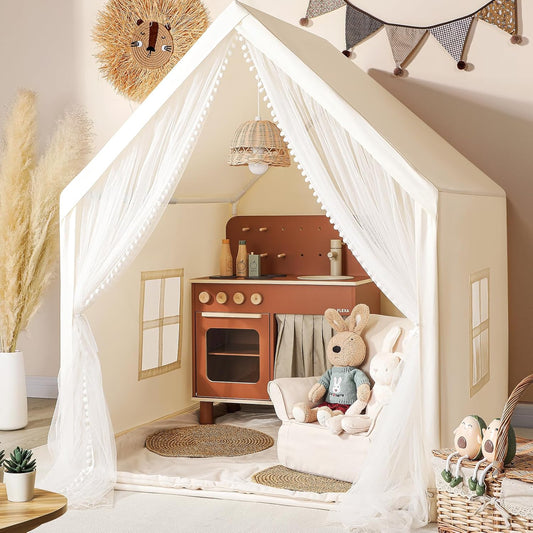 Monobeach Kindertent Beige Speeltent met Lang Netgordyn Groot Speelhuis vir Binne Buitenshuis Speel Kothuis Kasteel Speelding vir Meisies Seuns Huisgeskenk (Beige Kinderspeeltent)