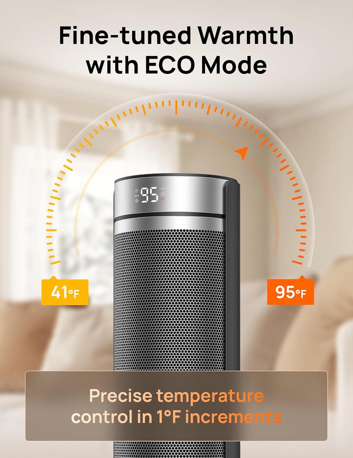 23" Ruimteverwarmer vir Groot Kamers Binnegebruik, 8 Veiligheidsbeskerming Toring, 70° Ossillasie, PTC Keramiek m/ Termostaat en Afstandbeheer, Stil, 12H Tydhouer - Silwer