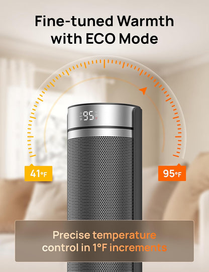 23" Ruimteverwarmer vir Groot Kamers Binnegebruik, 8 Veiligheidsbeskerming Toring, 70° Ossillasie, PTC Keramiek m/ Termostaat en Afstandbeheer, Stil, 12H Tydhouer - Silwer
