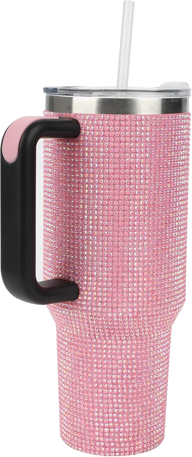Insulated Stainless Steel Tumbler w/ Reusable Straw & Leak-Proof Lid Easy Carry Handle 40oz (Pink Rhinestones)