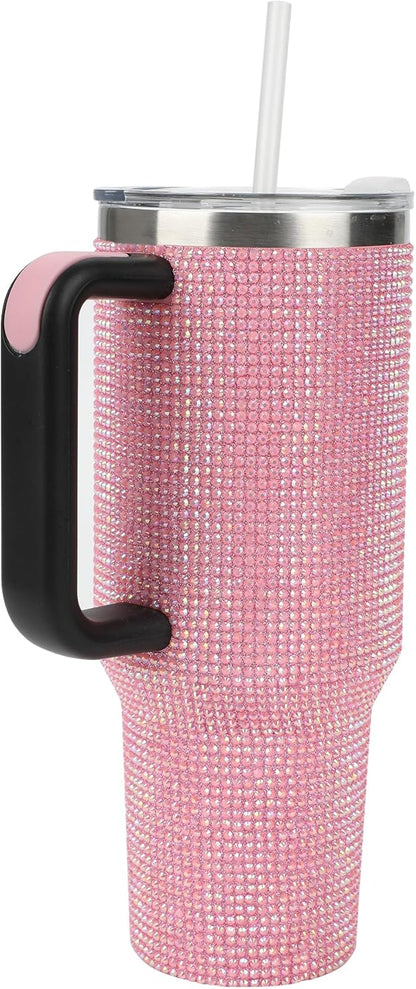 Insulated Stainless Steel Tumbler w/ Reusable Straw & Leak-Proof Lid Easy Carry Handle 40oz (Pink Rhinestones)
