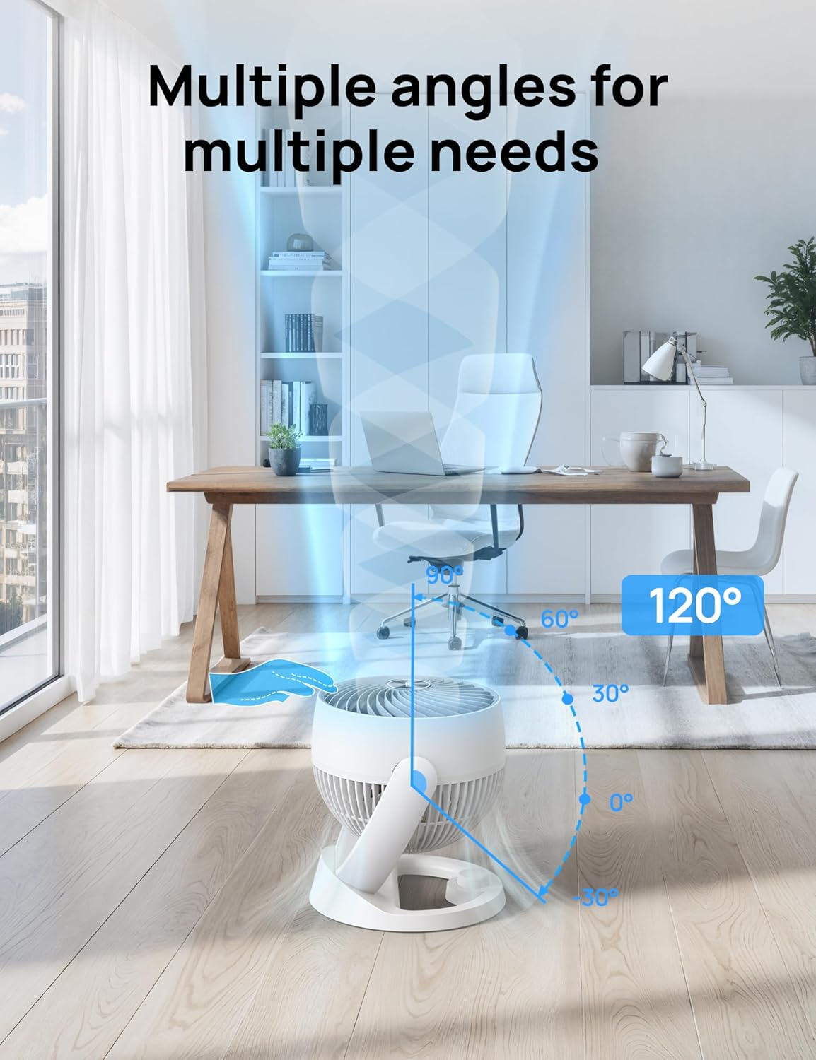 12" Lessenaarwaaier 70vt Kragtige Lugvloei, 28db Stil Tafel Lugresirkuleerder vir Hele Kamer, 120° Verstelbare Kanteling, 3 Spoed - Wit