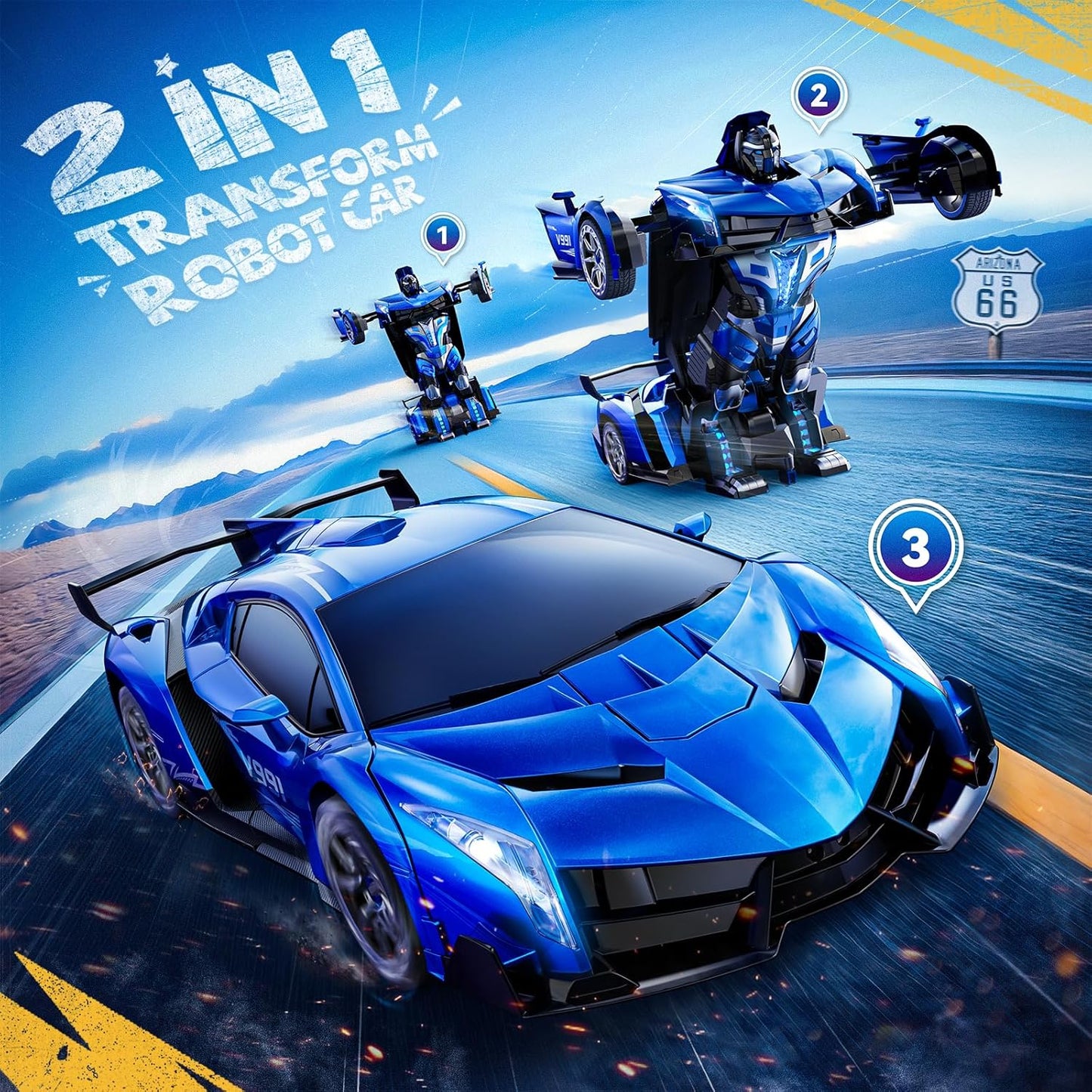 V991 Transform Remote Control Big Size, 2 Rechargeable Batteries for 70Min, 2.4GHz Gesture Sensing, One-Key Deformation, Robot Toys - (Blue)