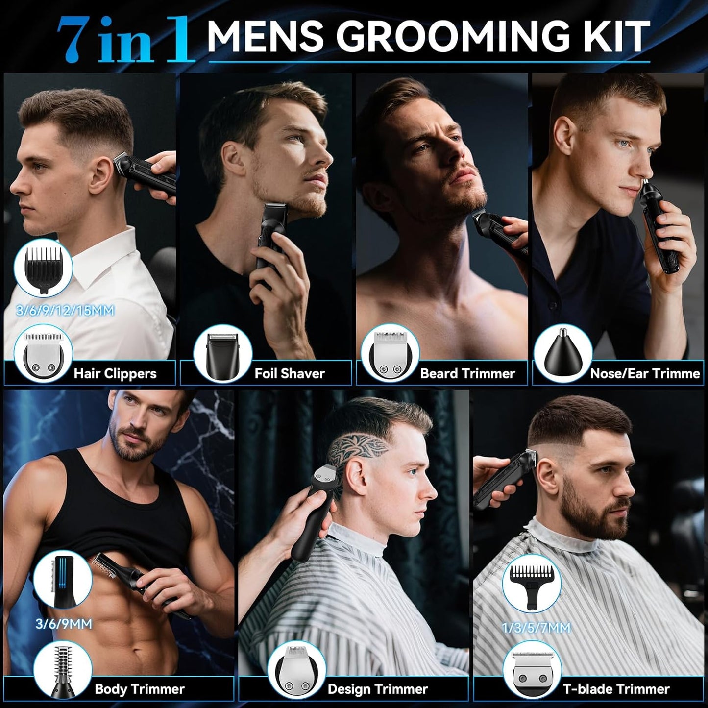 Beard Trimmer for Men, IPX7 Waterproof Electric Shaver Razor, Hair Trimmer for Nose, Body, Face and Mustache, Cordless Hair Clipper Grooming Kit, Gifts for Men