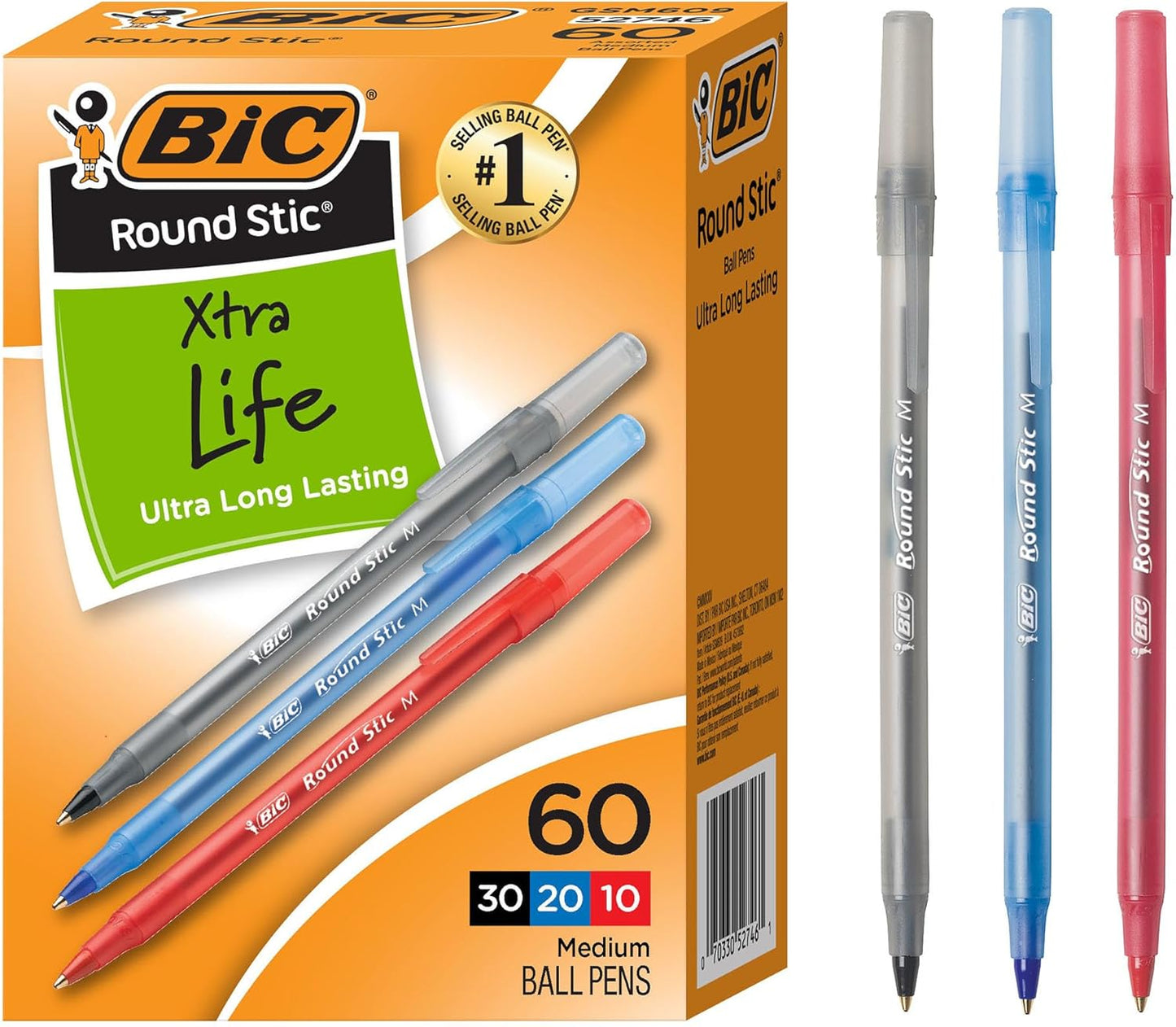 BIC Round Stic Xtra Life Assorted Ink Ballpoint Pens, Medium Point (1.0mm), 60CT Bulk Pens - (Pack of 2)