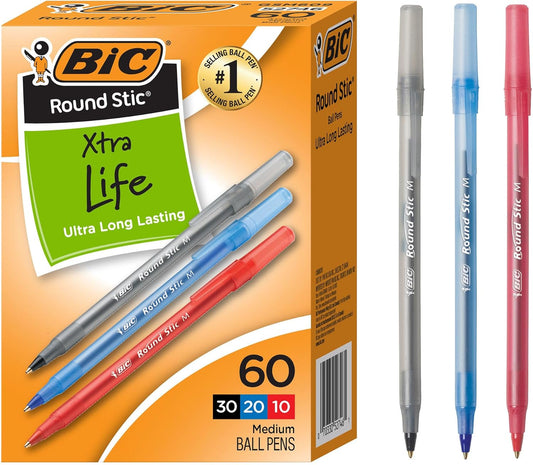 BIC Round Stic Xtra Life Ballpuntpenne met Gemengde Ink, Medium Punt (1.0mm), 60CT Grootmaat Penne - (Pak van 2)
